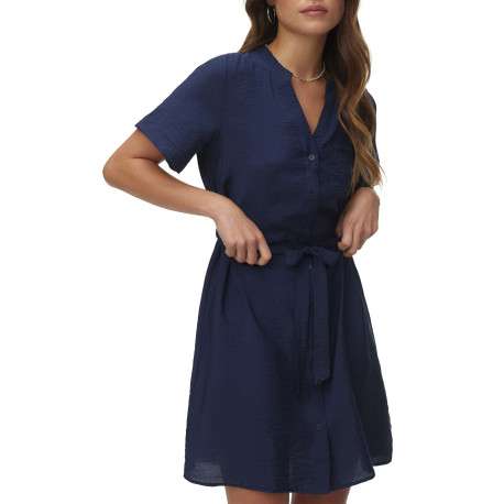 Robe courte marine à coupe droite pourvue d'un col v et de manches courtes - Image 2
