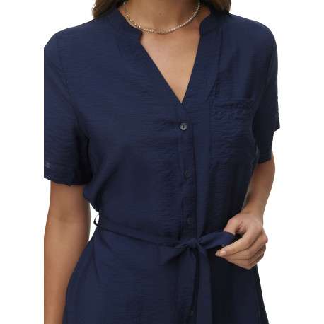 Robe courte marine à coupe droite pourvue d'un col v et de manches courtes - Image 4