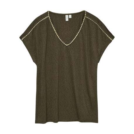 T-shirt kaki à coupe droite pourvu d'un col v et de manches courtes