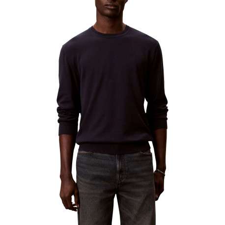 Pull en coton marine à coupe ajustée pourvu d'un col rond côtelé - Image 3