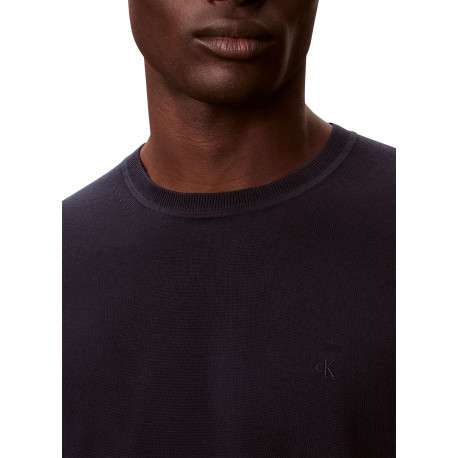 Pull en coton marine à coupe ajustée pourvu d'un col rond côtelé - Image 5