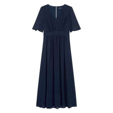 Robe longue marine unie avec une coupe cintrée et des manches courtes