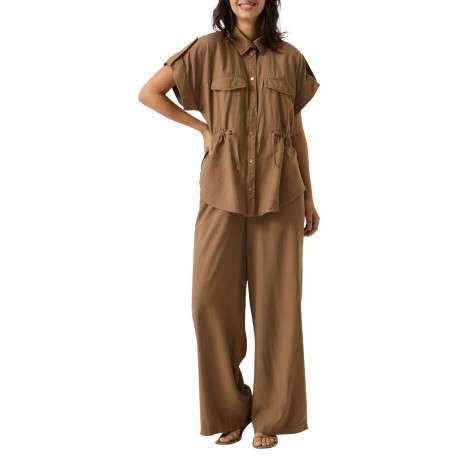 Pantalon chino taupe uni pourvu d'une coupe fluide et d'une taille haute - Image 4