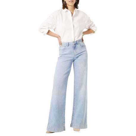 Jean en coton bleu ciel uni pourvu d'une coupe bootcut et d'une taille haute - Image 2