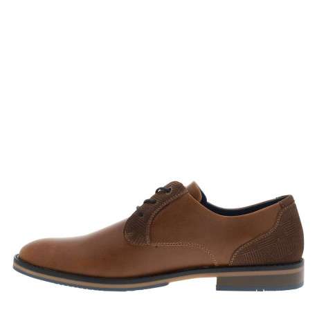 Derbies cognac à talon plat avec des lacets plats et des surpiqûres marine