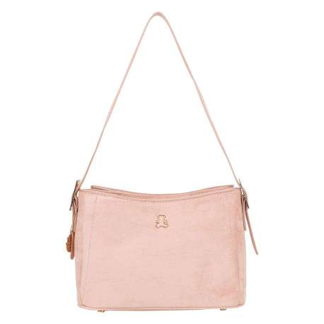 Sac porté épaule rose pourvu d'une anse plate ajustable sur les côtés
