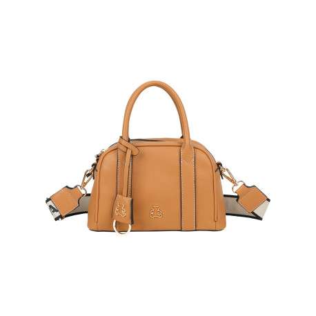 Sac camel en matière grainée pourvu d'une fermeture zippée dorée