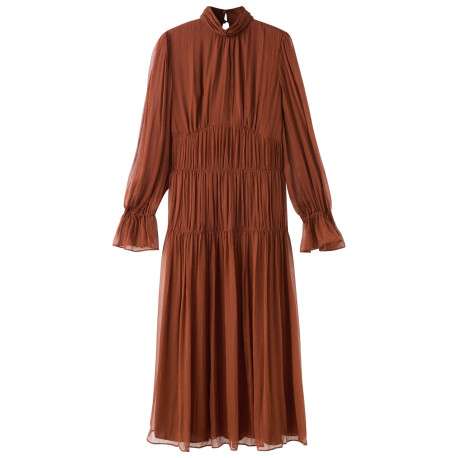 Robe longue chocolat unie pourvue d'une coupe droite et d'un col montant