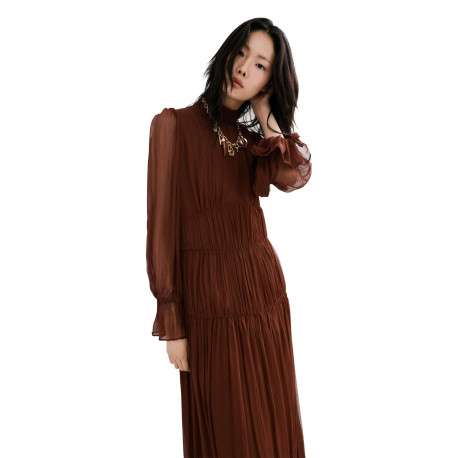 Robe longue chocolat unie pourvue d'une coupe droite et d'un col montant - Image 2