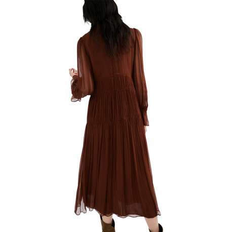 Robe longue chocolat unie pourvue d'une coupe droite et d'un col montant - Image 3