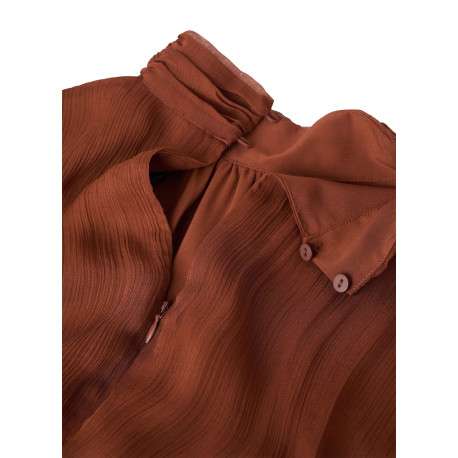 Robe longue chocolat unie pourvue d'une coupe droite et d'un col montant - Image 7