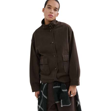 Blouson en lin marron uni pourvu d'une coupe oversize et d'un col montant - Image 2