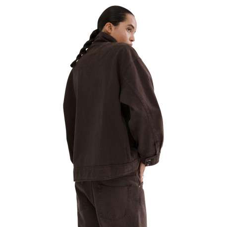 Blouson en lin marron uni pourvu d'une coupe oversize et d'un col montant - Image 3