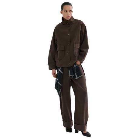 Blouson en lin marron uni pourvu d'une coupe oversize et d'un col montant - Image 4