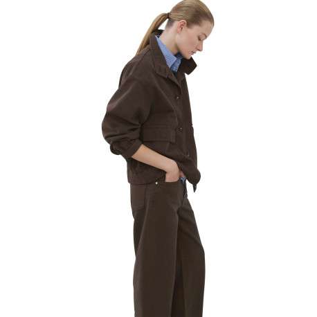 Blouson en lin marron uni pourvu d'une coupe oversize et d'un col montant - Image 5
