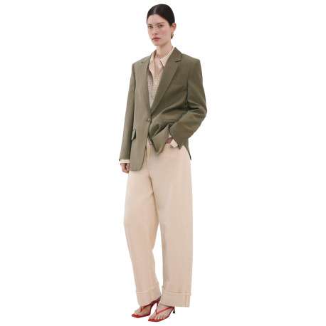 Blazer en coton kaki uni pourvu d'un col à revers et d'une coupe droite - Image 4