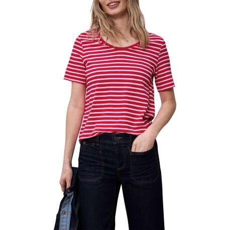 T-shirt rouge à rayures pourvu d'un col rond et de manches courtes - Image 3