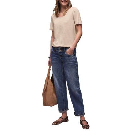 T-shirt beige uni pourvu d'un col rond et de manches courtes - Image 5