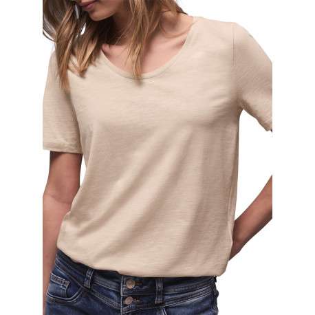 T-shirt beige uni pourvu d'un col rond et de manches courtes - Image 7