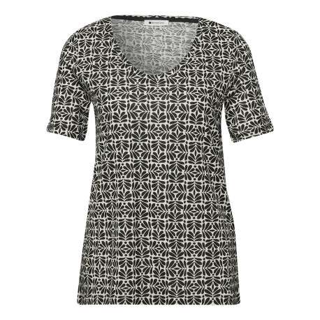 T-shirt beige à motifs pourvu d'un col rond et de manches courtes