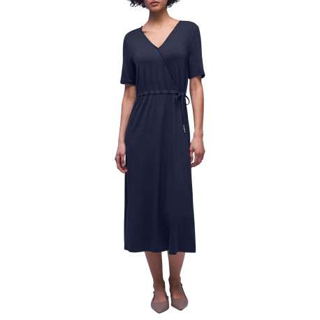 Robe longue marine unie pourvue d'une coupe cintrée et de manches courtes - Image 3