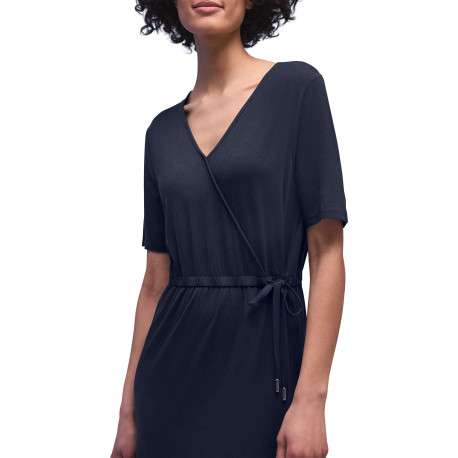 Robe longue marine unie pourvue d'une coupe cintrée et de manches courtes - Image 5