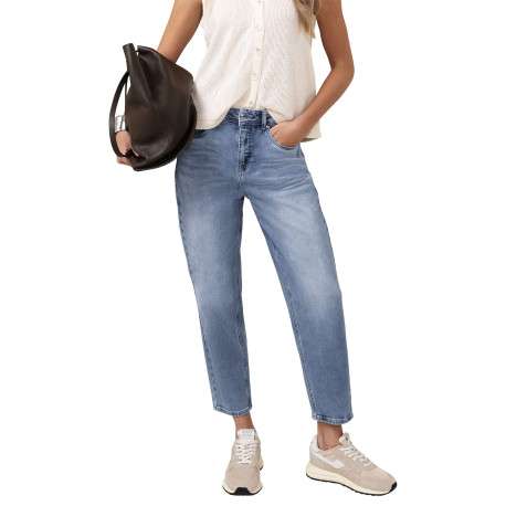 Jean en coton stone uni pourvu d'une coupe droite et d'une taille haute - Image 6