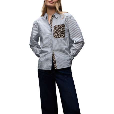 Blouse en coton bleue à rayures pourvue d'une coupe droite et d'un col français - Image 3