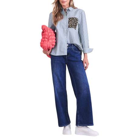 Blouse en coton bleue à rayures pourvue d'une coupe droite et d'un col français - Image 5
