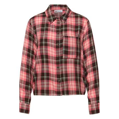 Blouse corail tartan pourvue d'une coupe droite et d'un col français