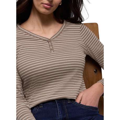 T-shirt en coton biologique taupe à rayures pourvu d'une coupe droite - Image 5
