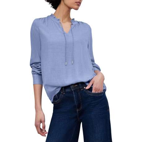 Blouse bleue unie pourvue d'un col tunisien et de manches longues - Image 3