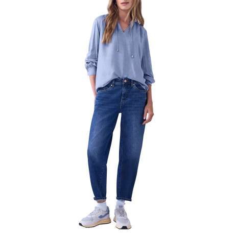 Blouse bleue unie pourvue d'un col tunisien et de manches longues - Image 5
