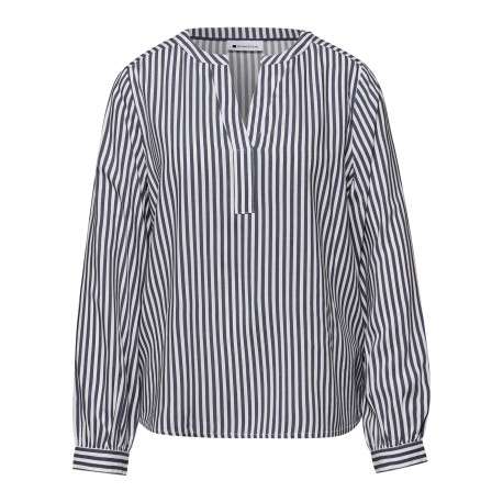 Blouse bleue à rayures pourvue d'un col tunisien et de manches longues