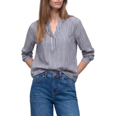 Blouse bleue à rayures pourvue d'un col tunisien et de manches longues - Image 3