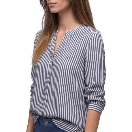 Blouse bleue à rayures pourvue d'un col tunisien et de manches longues - Image 6