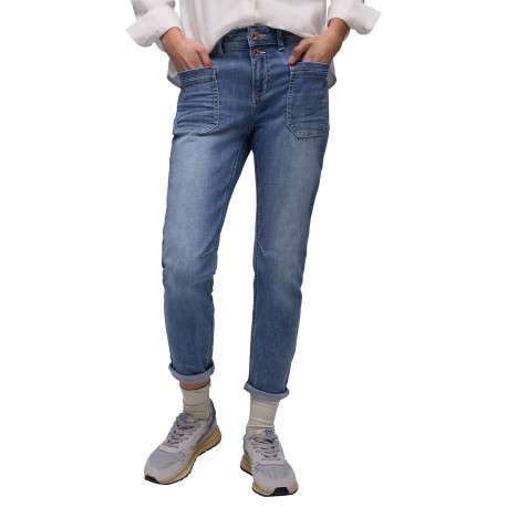 Jean en coton mélangé indigo uni pourvu de boutons à la taille - Image 3