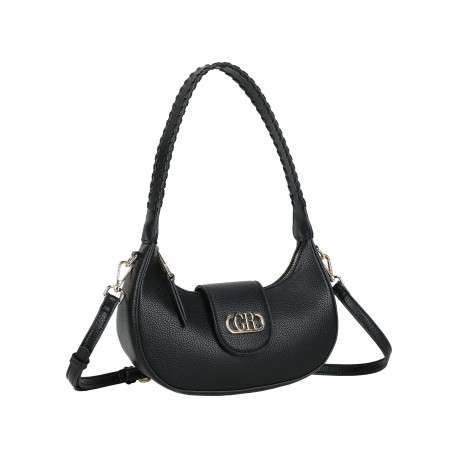 Sac porté épaule noir uni pourvu d'une anse arrondie avec des détails tressés - Image 2