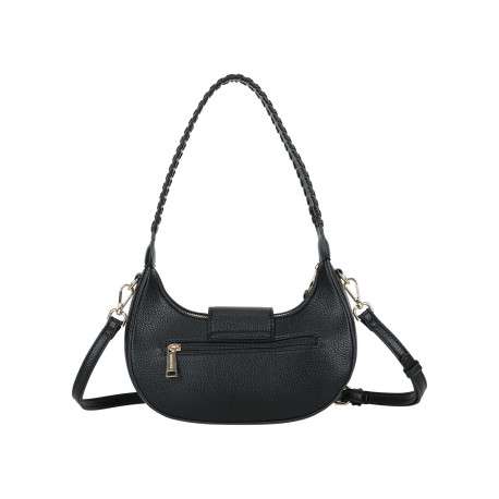 Sac porté épaule noir uni pourvu d'une anse arrondie avec des détails tressés - Image 3