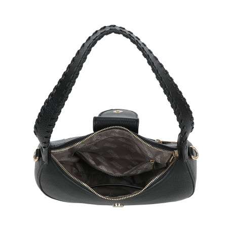 Sac porté épaule noir uni pourvu d'une anse arrondie avec des détails tressés - Image 4