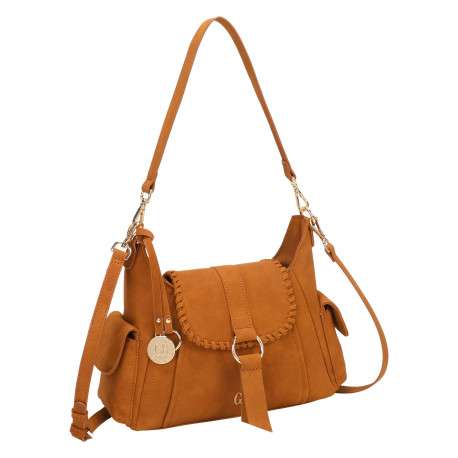 Sac bandoulière porté épaule camel uni pourvu d'un rabat frontal - Image 2