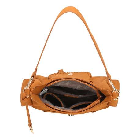Sac bandoulière porté épaule camel uni pourvu d'un rabat frontal - Image 4