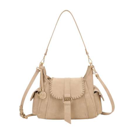Sac bandoulière porté épaule beige uni pourvu d'un rabat frontal