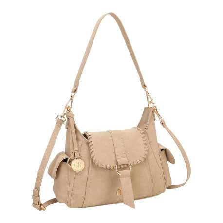 Sac bandoulière porté épaule beige uni pourvu d'un rabat frontal - Image 2