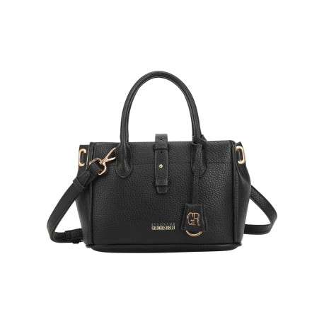 Sac à main noir uni pourvu d'un porte-clès avec le logo de la marque