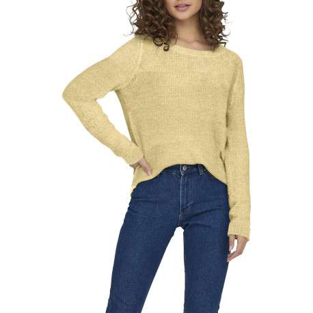 Pull jaune uni en maille tricotée avec une coupe droite et un col rond - Image 3
