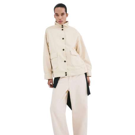 Blouson en lin écru uni pourvu d'une coupe droite et d'un col montant - Image 2