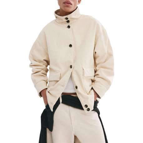 Blouson en lin écru uni pourvu d'une coupe droite et d'un col montant - Image 4