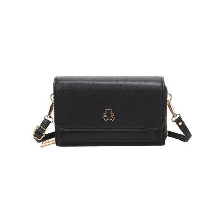 Sac à bandoulière noir uni avec une fermeture à rabat et des poches zippées