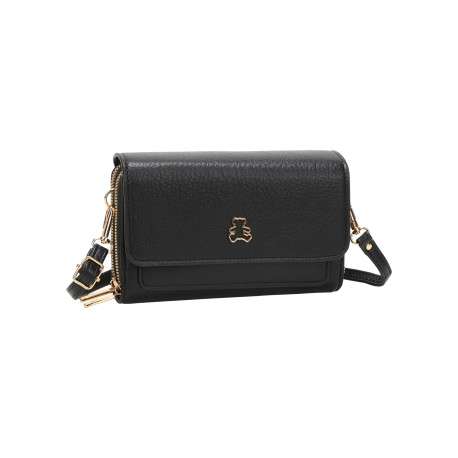 Sac à bandoulière noir uni avec une fermeture à rabat et des poches zippées - Image 2
